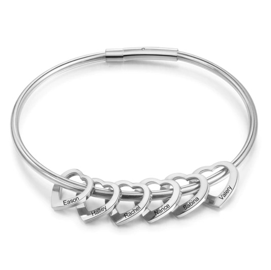 Hard Bangle Bracelet + 2-6 Engraved Heart Charms - Stainless Steel