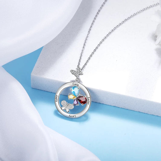 Family Gemstone & Name Necklace - Butterly Pendant