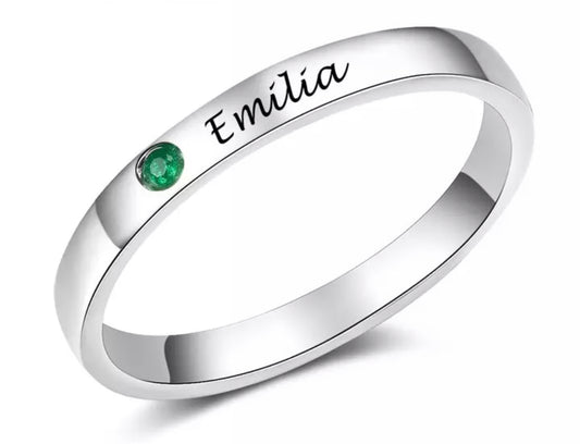 925 Sterling Silver Ring With Engraved Name + Birthstone